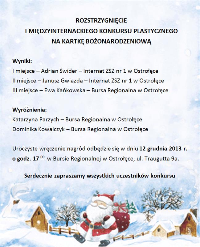 ROZSTRZYGNIĘCIE I MIĘDZYINTERNACKIEGO KONKURSU PLASTYCZNEGO NA KARTKĘ BOŻONARODZENIOWĄ