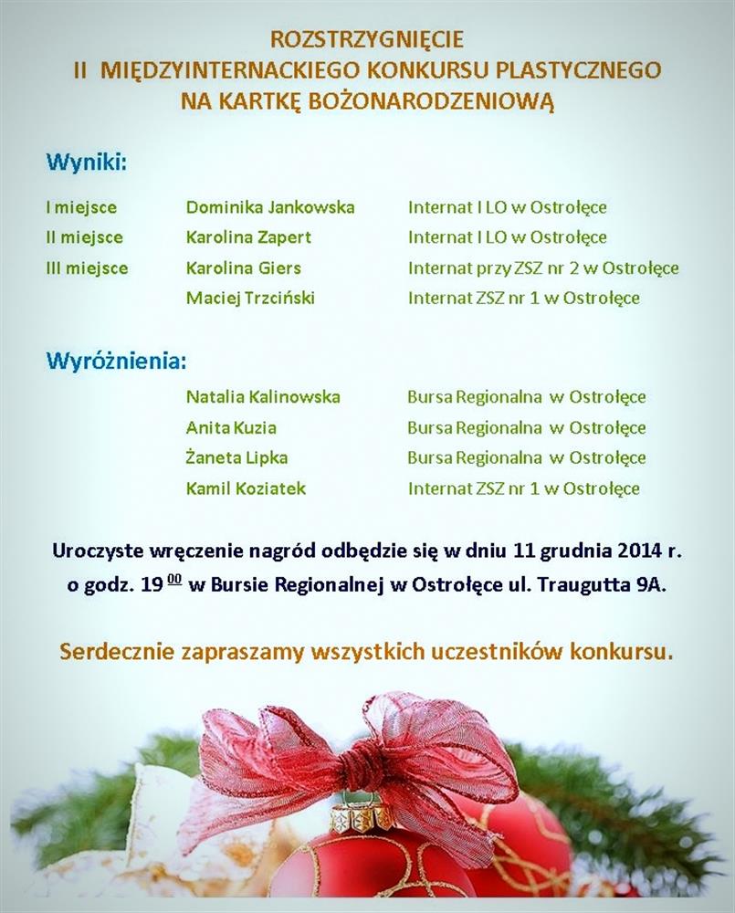 ROZSTRZYGNIĘCIE  II   MIĘDZYINTERNACKIEGO KONKURSU PLASTYCZNEGO NA KARTKĘ BOŻONARODZENIOWĄ