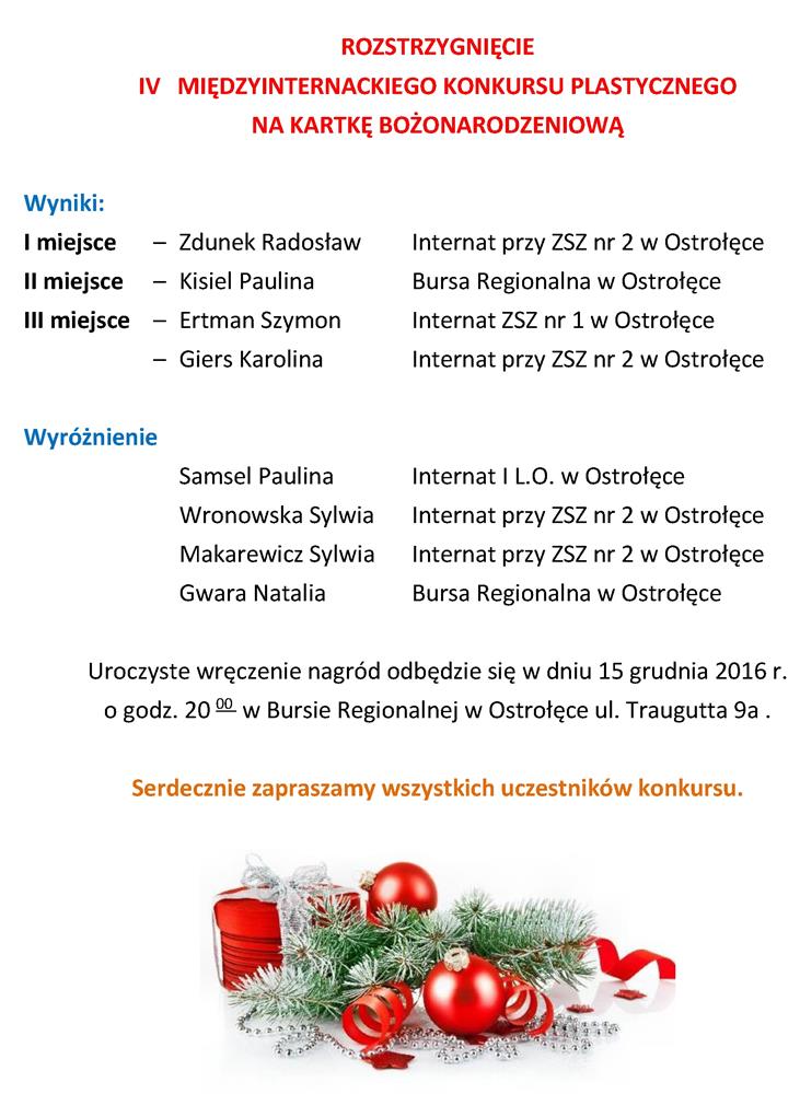 ROZSTRZYGNIĘCIE IV MIĘDZYINTERNACKIEGO KONKURSU PLASTYCZNEGO NA KARTKĘ BOŻONARODZENIOWĄ
