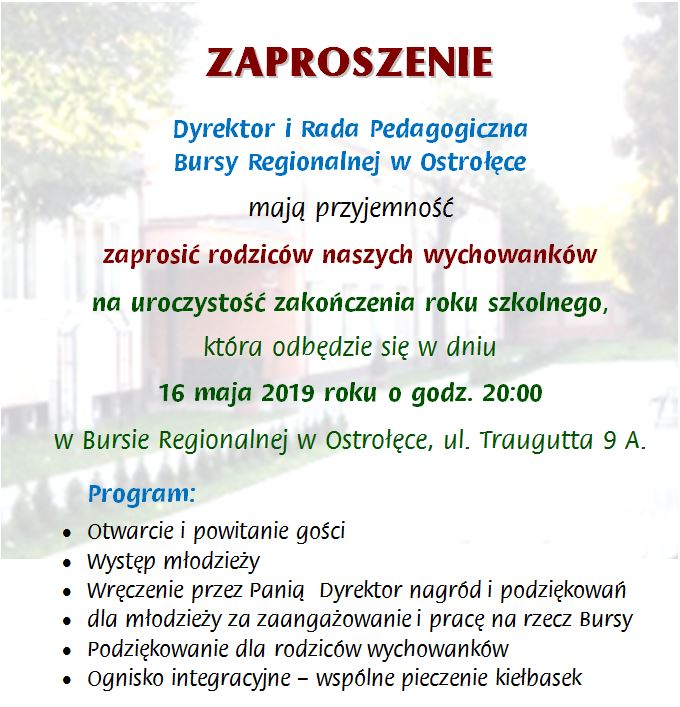 Zaproszenie Rodziców na zakończenie roku szkolnego 2018/2019